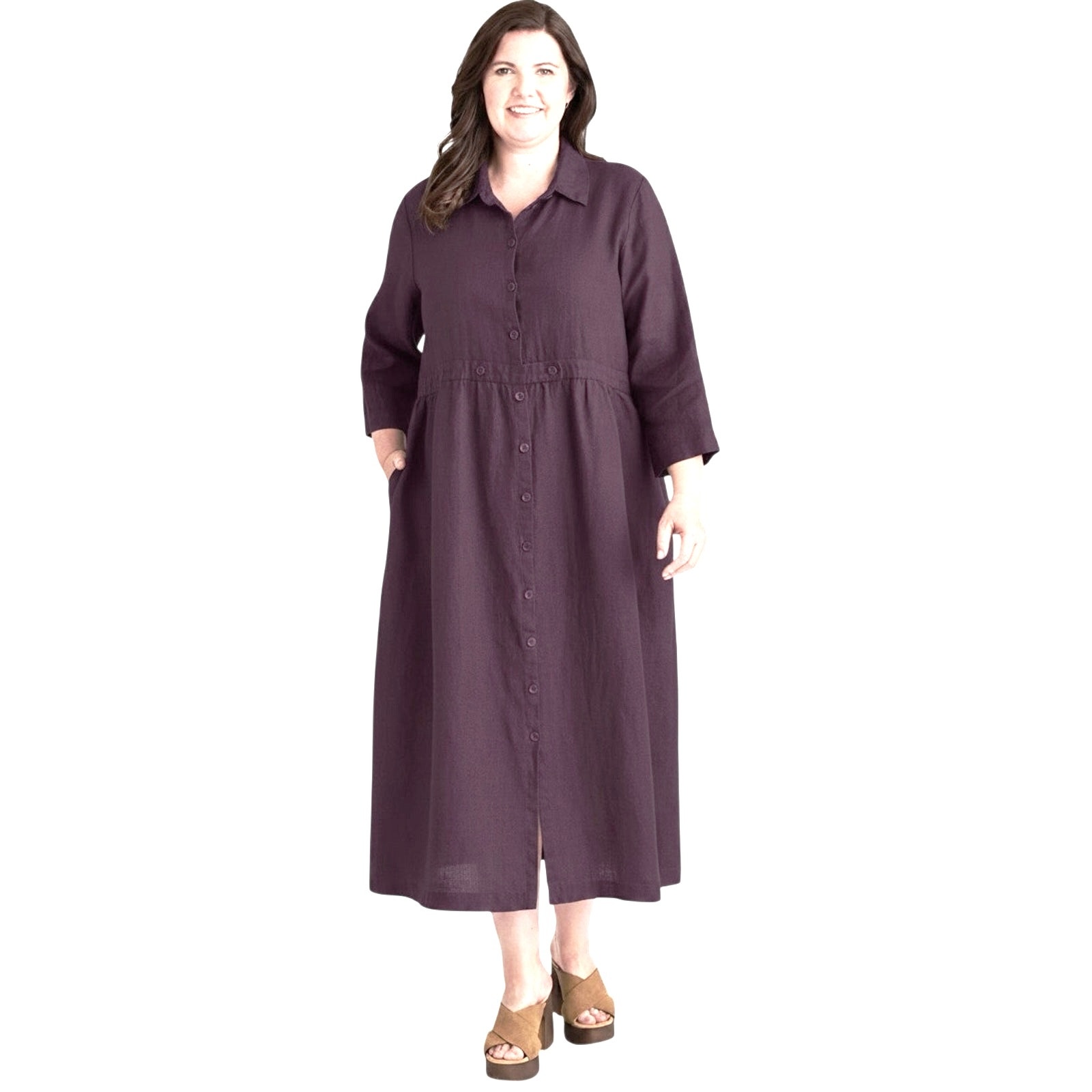 Flax Womenâs Dark Plum Line Button Front Midi Dress 2x